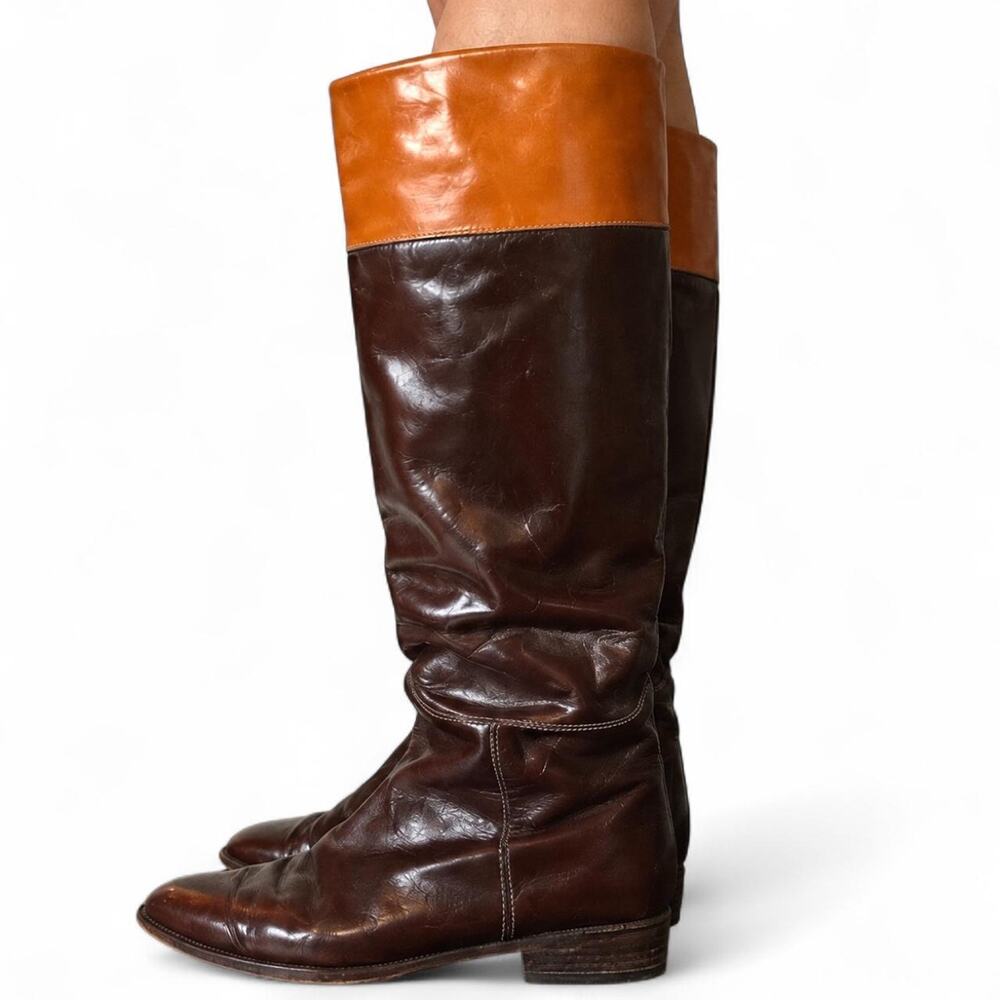 VTG 70s Charles David Italian Leather 2 Tone Riding Boots Made In Italy Size 9.5